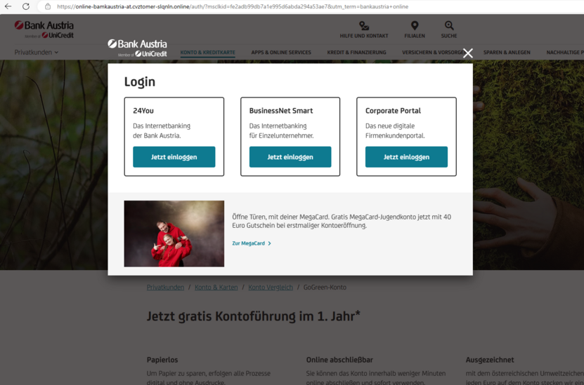 Screenshot der Fake Seite der Bank Austria. 