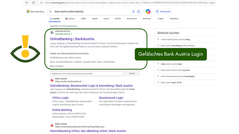 Screenshot der BING Suche die zu der Fake-Bank-Austria Seite führt. 
