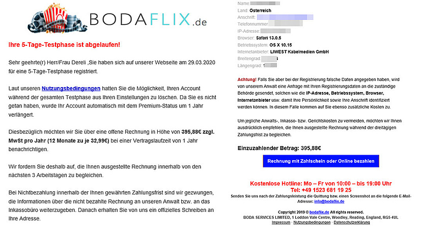 Die Zahlungsaufforderung von bodaflix.de ist Fake!