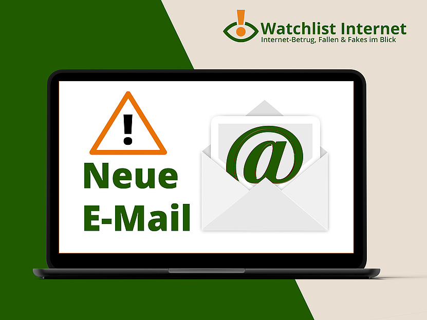 Laptop mit einem Symbol für E-Mail (Briefumschlag und @-Zeichen) und den Worten "Neue E-Mail", darüber ein Vorsicht zeichen. 