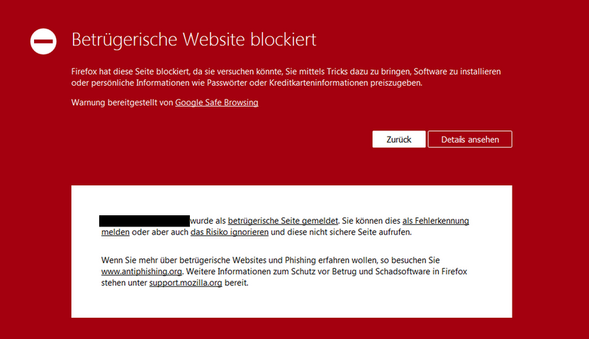 Eine Phishing-Warnung von Google Safe Browsing im Firefox-Browser