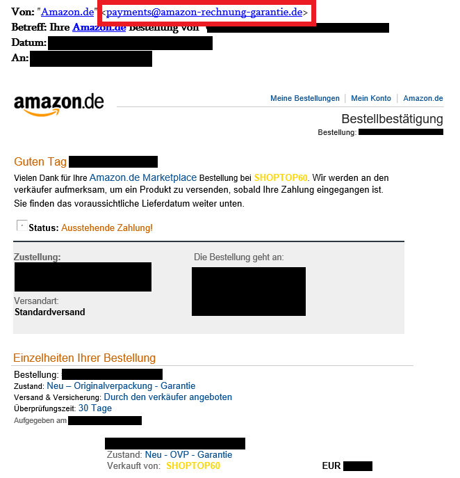 gefälschte Amazon Bestellbestätigung