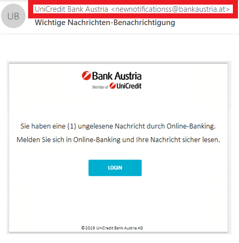 Phishing-Mail Bank Austria klassisches Beispiel