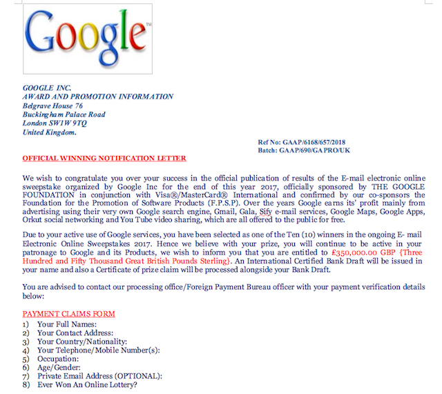 Ein gefälschter Google Winning Notification Letter.