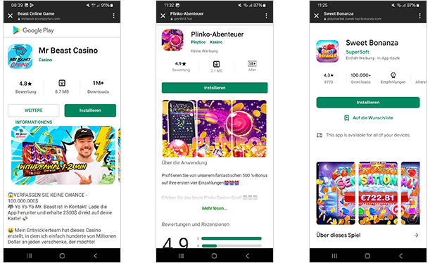 Screenshots der Apps Mr. Beast Casino, Plinko Abenteuer und Sweet Bonanza