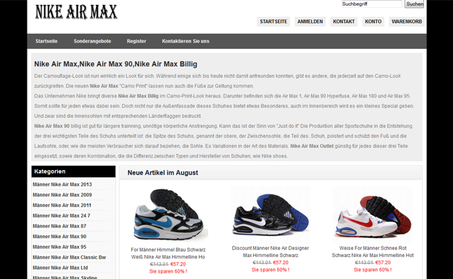 Auf www.nikeairrmaxbilligd.com werden gefälschte Sportschuhe der Firma „Nike“ verkauft.