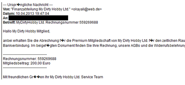 Betrügerische E-Mail der My Dirty Hobby Ltd.