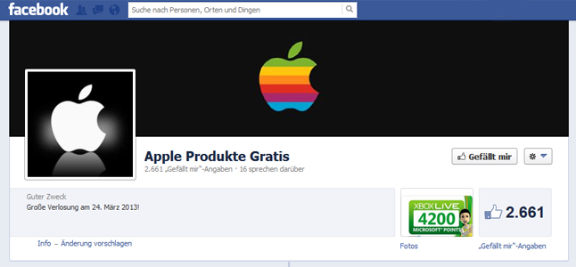 Eine von vielen Seiten auf Facebook, die für „Apple Produkte Gratis“ wirbt. 