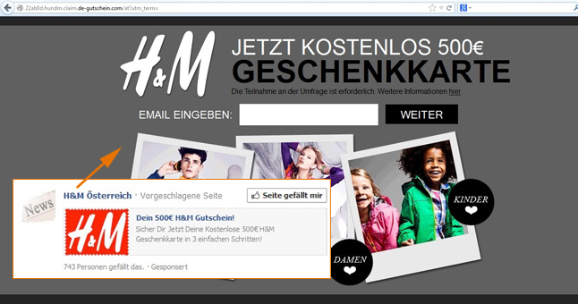 Eine angebliche H&M-Werbeanzeige für einen 500 Euro-Gutschein führt auf eine betrügerische Website