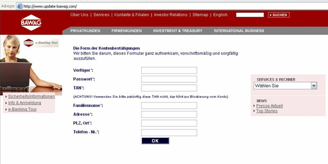 Eine täuschend echt gestaltete Phishing-Website einer bekannten Bank.