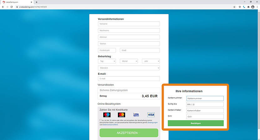 Screenshot der Webseite mit dem Formular, das Sie mit Ihren persönlichen und Kreditkartendaten ausfüllen sollen.