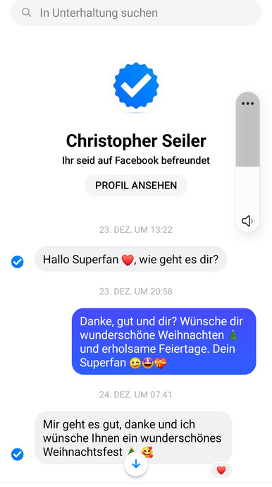 Screenshots eines Erstkontakts von Christopher Seiler, der schreibt: Hallo Superfan, wie geht es dir?