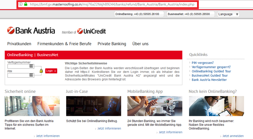 fake-Login-Seite Bank Austria