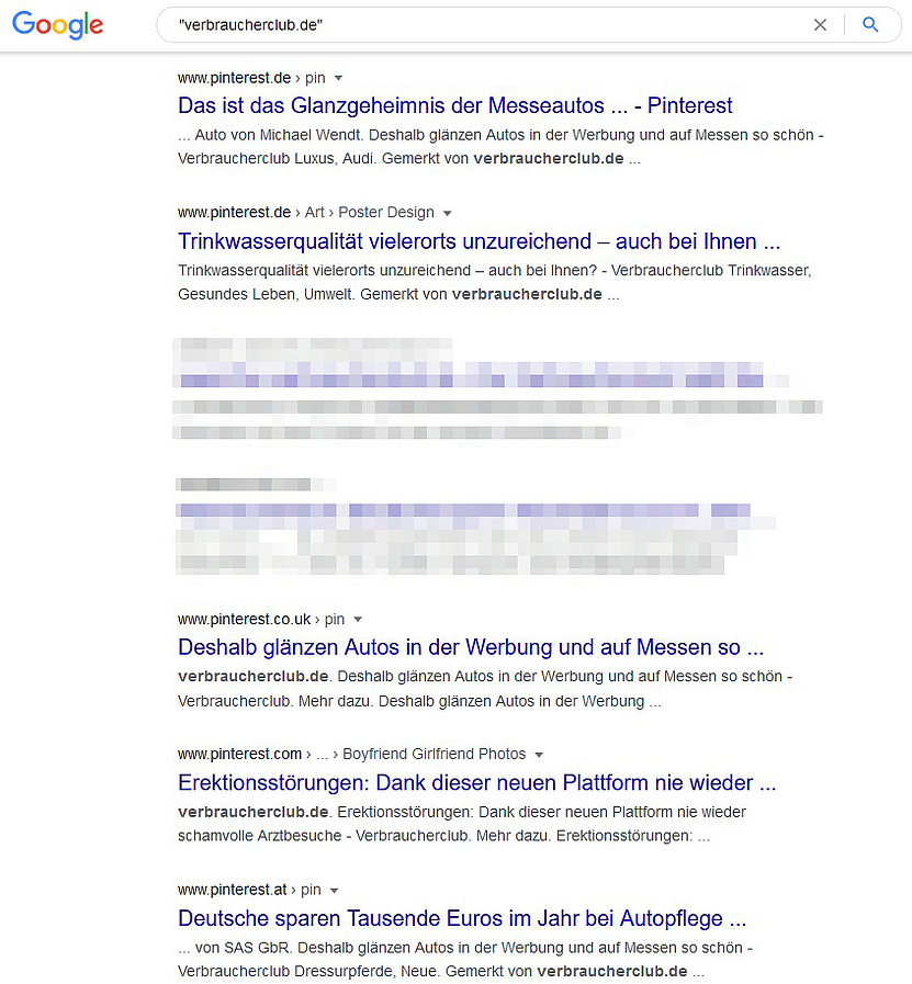 Screenshot der Ergebnisse, wenn man auf Google nach verbraucherclub.de sucht. Zu sehen sind fünf Pinterest-Ergebnisse. . 