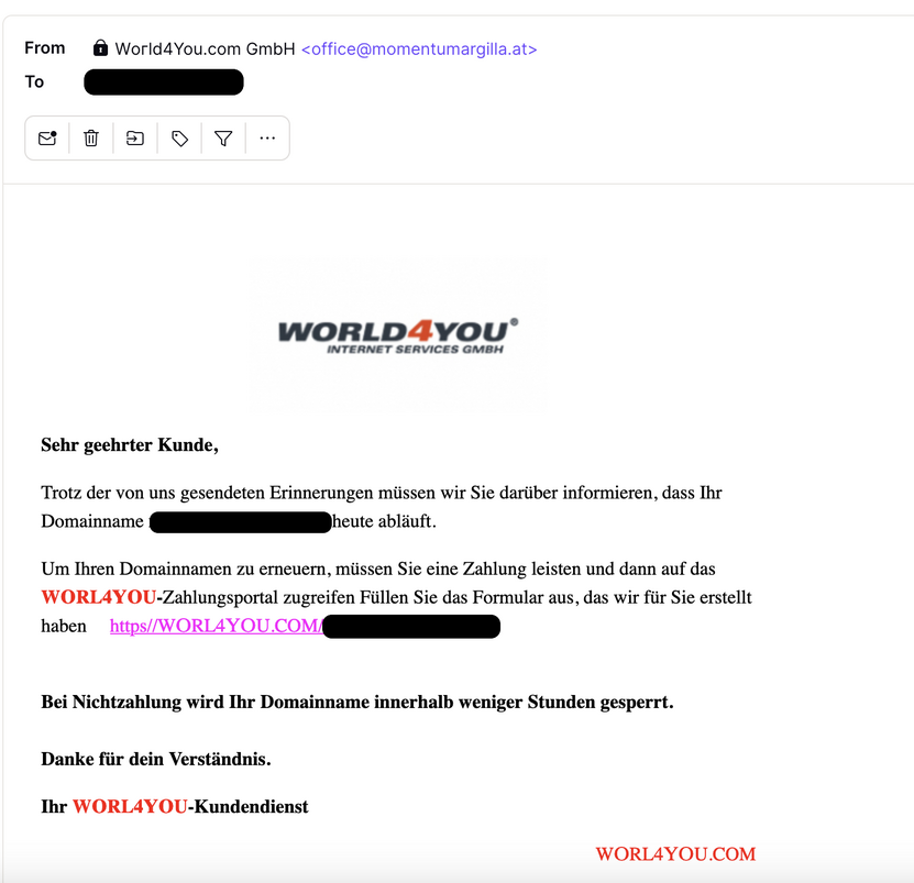 world4you phishing-Nachricht