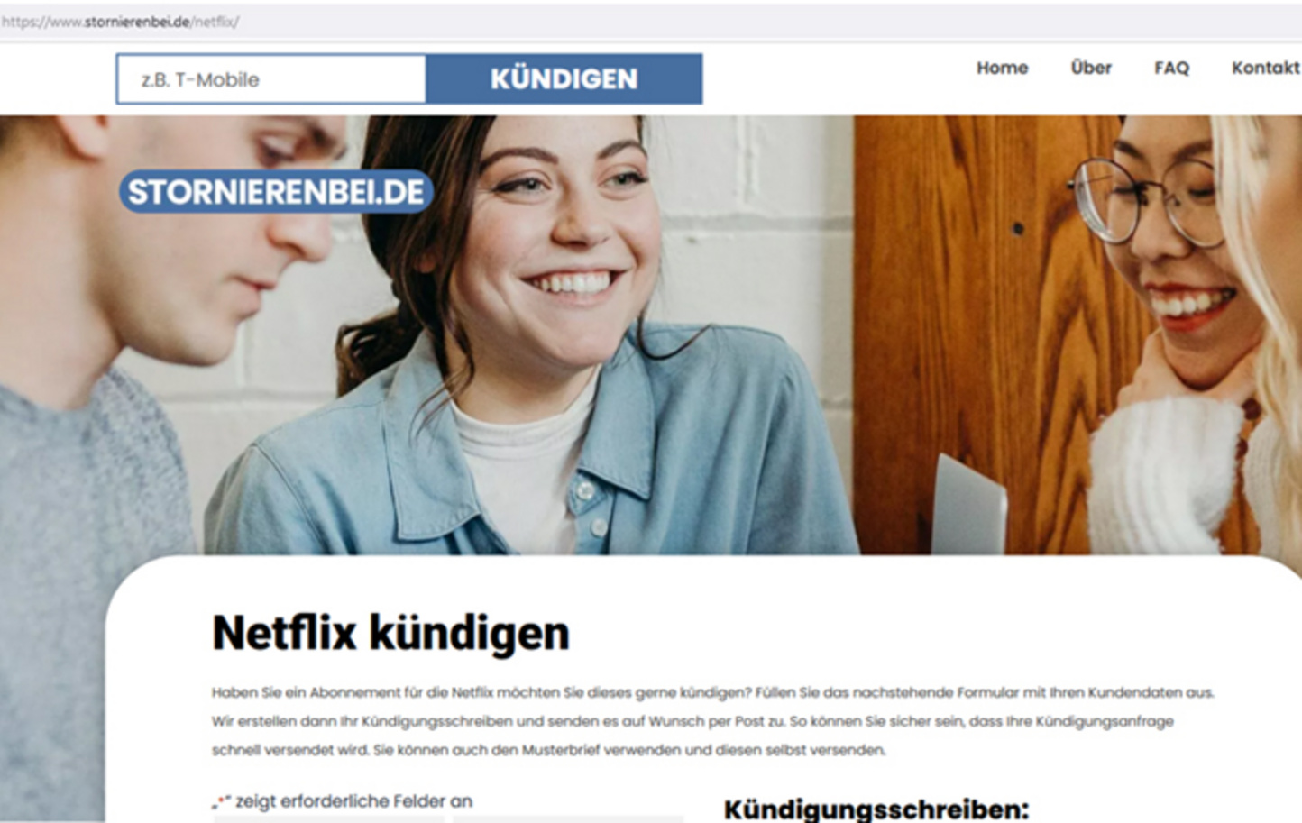 Screenshot der Seite stornierenbei.de