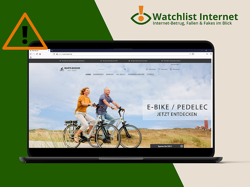 Screenshot der Startseite marti-bosom.de in einem Laptoprahmen und auf einem grün-beigen Hintergrund. Rechts oben das Logo von Watchlist Internet, links oben ein Warnsymbol. 