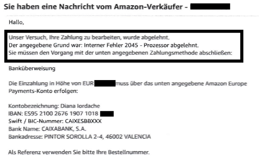 Betrügerische Zahlungsaufforderung durch übernommenes Amazon Konto
