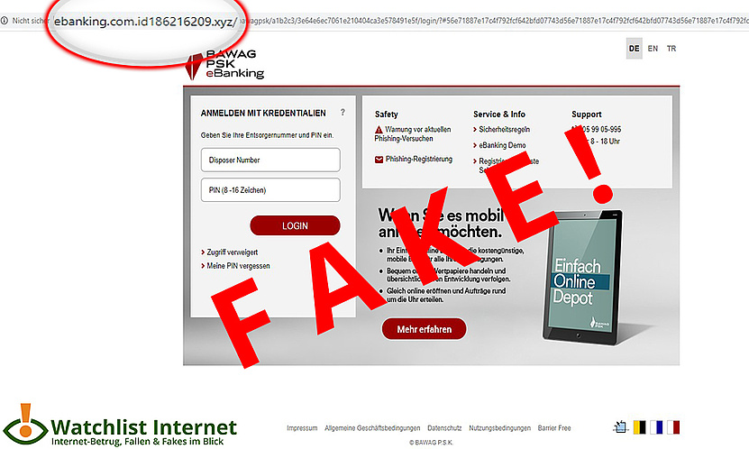 Screenshot der falschen BAWAG-Seite mit dem roten Schriftzug Fake darüber. 