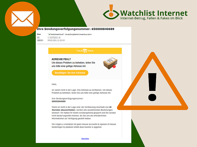 Screenshot der betrügerischen E-Mail auf grün-beigen Hintergrund. Links oben ist ein E-Mail-Symbol und rechts ein Warnsymbol..