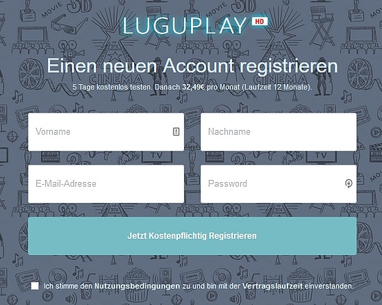 Screenshot der Registrierungs-Seite auf luguplay.de mit Konstenhinweis