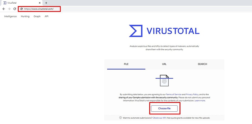 Screenshot der Startseite virustotal.com mit Hervorhebung des "Choose File" Buttons.