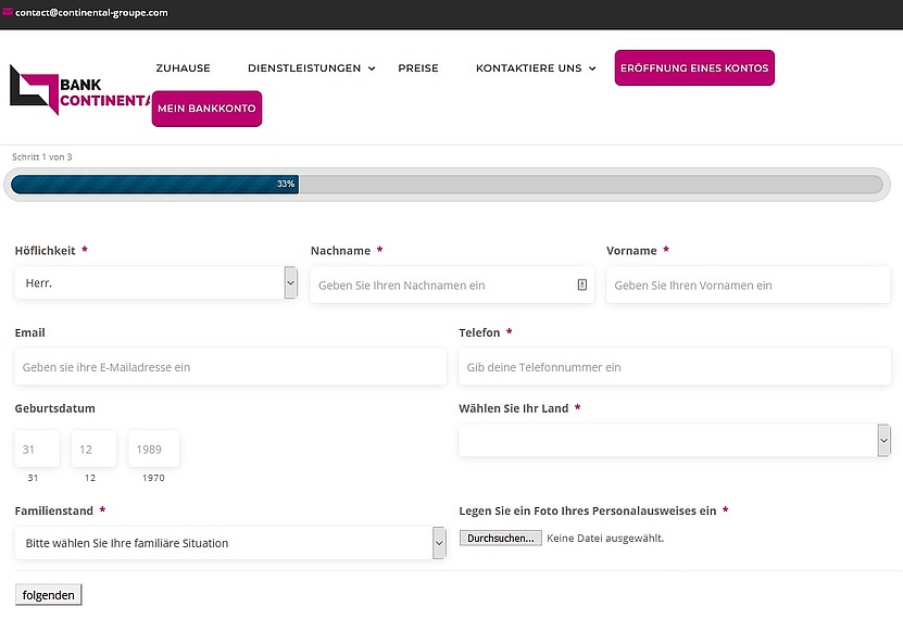 Screenshot des Online-Formulars auf continental-groupe.com.