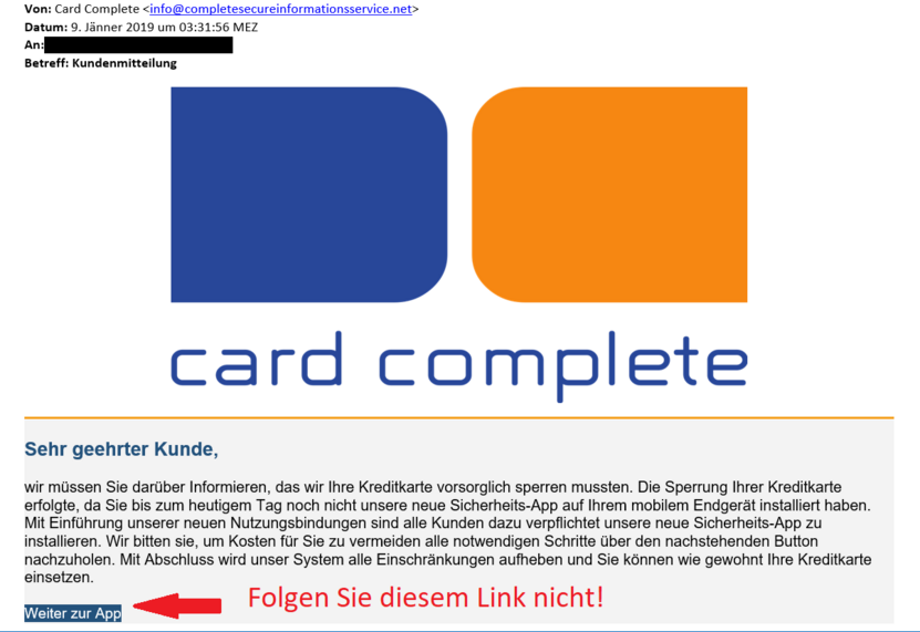 Fake card complete Nachricht