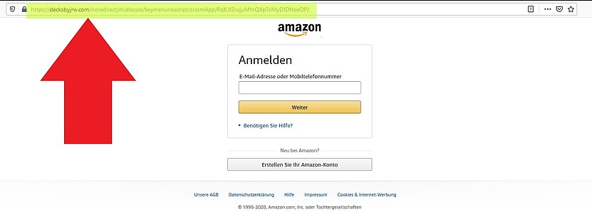 An der Webadresse erkennen Sie, dass Sie sich nicht auf der echten Amazon-Login-Seite befinden.