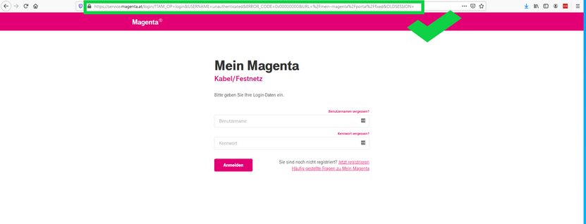 Die echte Magenta-Login-Seite läuft jedoch unter der Webadresse „https://service.magenta.at/login“
