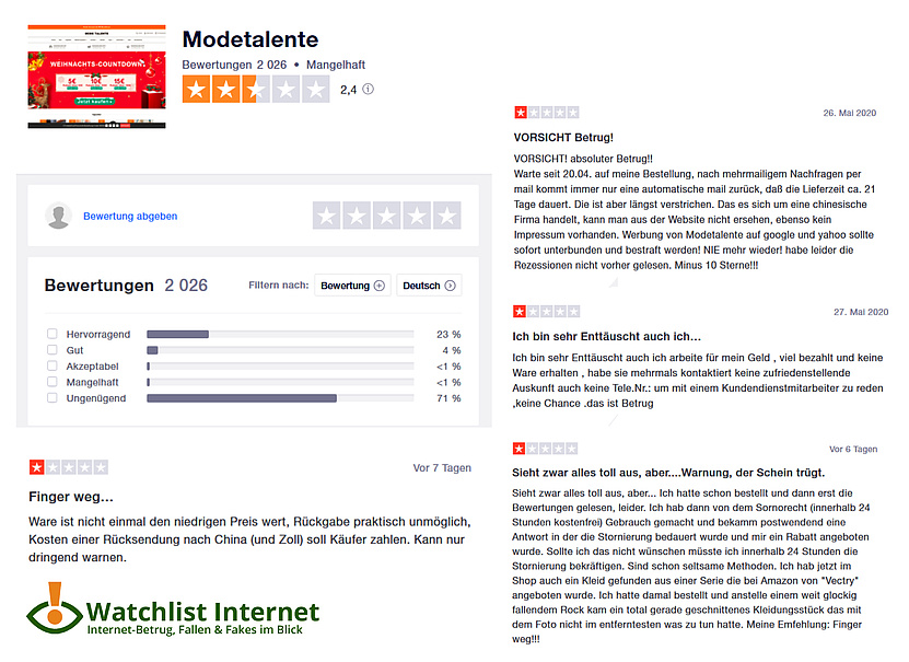 Screenshots von einigen schlechten Berwertungen des Online-Shops modetalente.com auf trustpilot. 