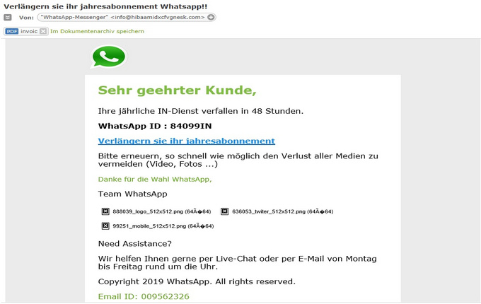 Phishing-Mail Whatsapp-Jahresabo