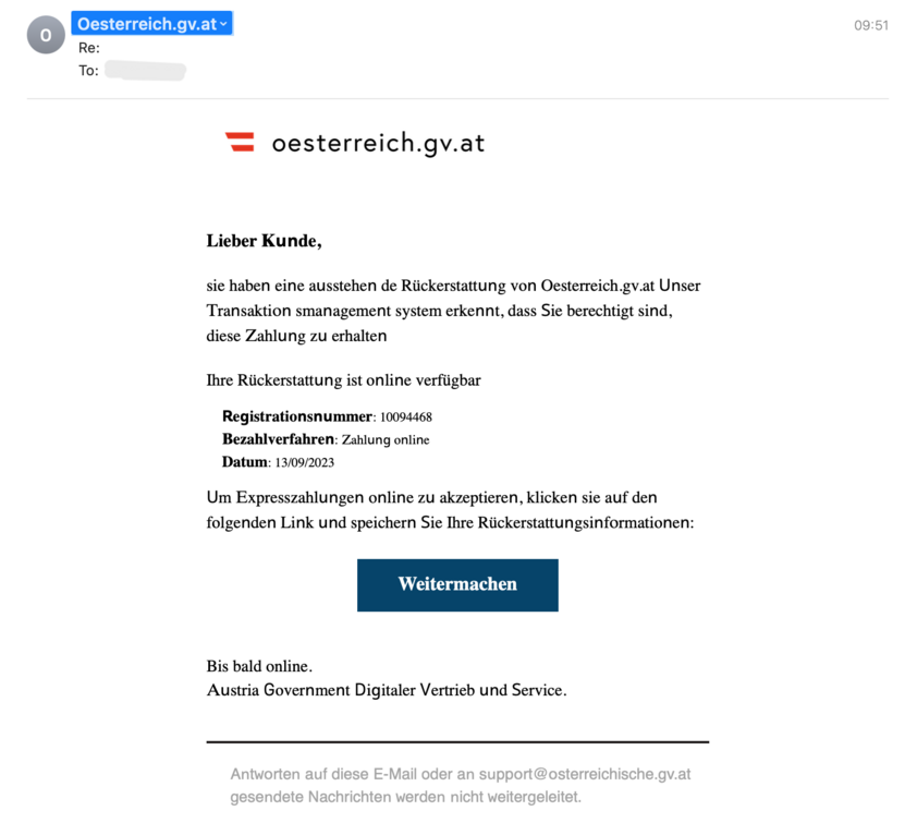 Phishing-E-Mail angeblich von Oesterreich.gv.at