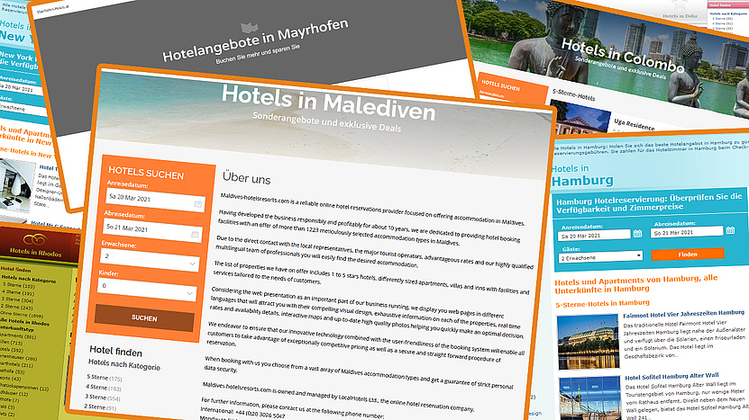 Screenshots der Seiten mayrhofen-hotels.at, hamburg-hotel.net, dohahotel24.com, hotelinphuket.net, rhodeshotel24.com, maldives-hotelressorts.com, hotels-colombo.com. 