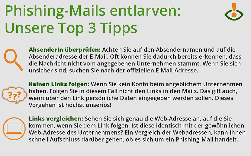 Phishing-Mails entlarven: Unsere Top 3 Tipps - AbsenderIn überprüfen, keinen Links folgen, Links vergleichen