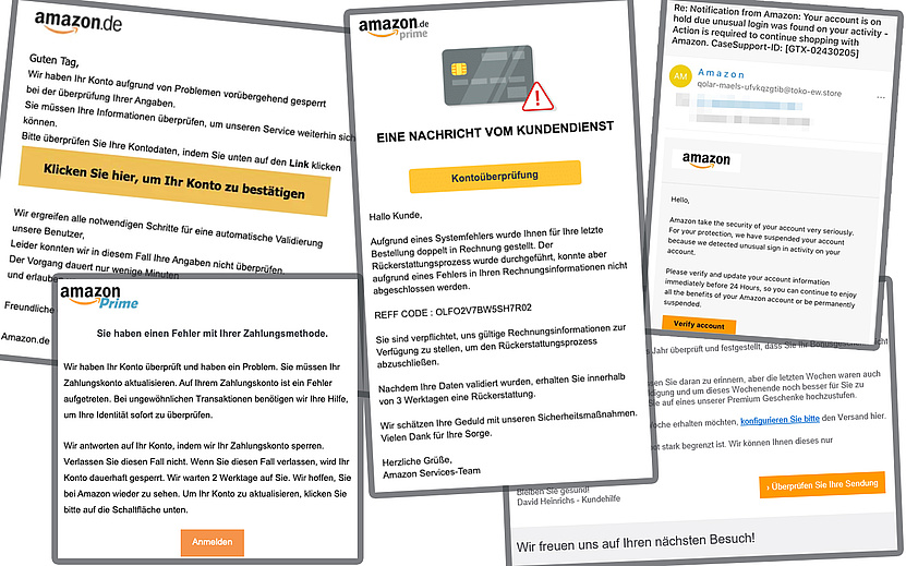 Screenshots, der fünf verschiedenen Phishing-Mails im Namen von Amazon, die der Watchlist Internet vorliegen.