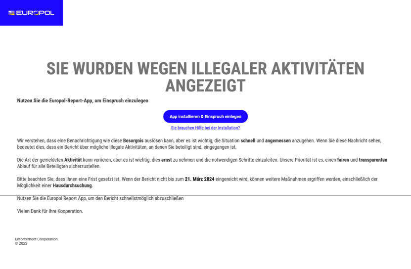 Screenshot der Fake-Europol-Website