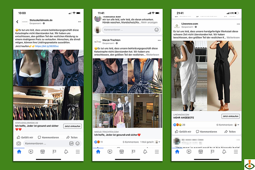 Screenshots von drei betrügerischen Mode-Shops auf Facebook. 