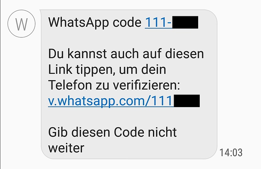 Nachricht zum Whatsapp Verifizierungscode. 
