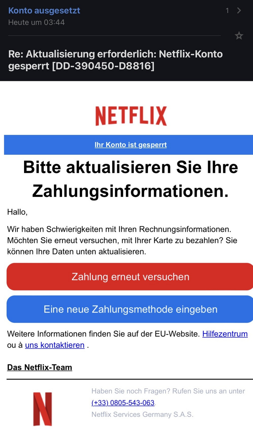 Betrügerische Mail zur Aktualisierung der Zahlungsdaten bei Netflix