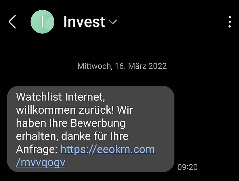 SMS mit Investitions-Werbung