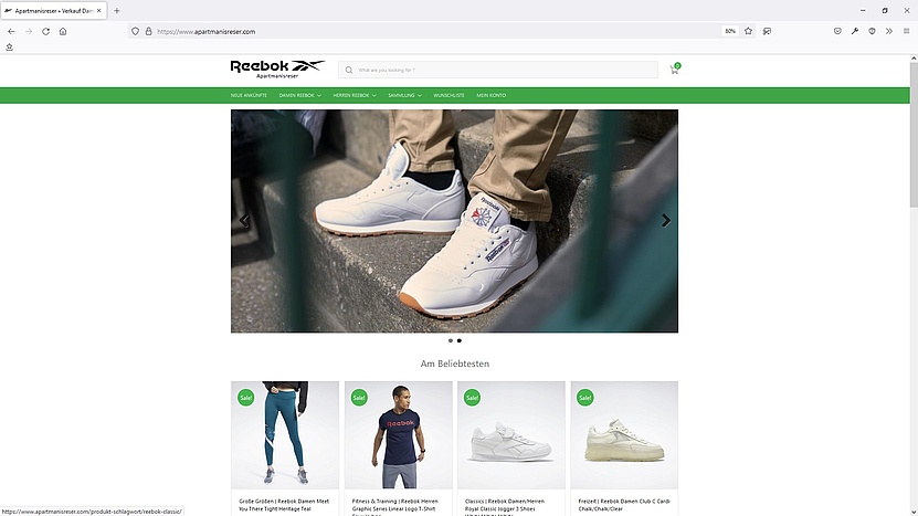 Screenshot der Webseite apartmanireser.com, die angibt Reebok Kleidung zu verkaufen
