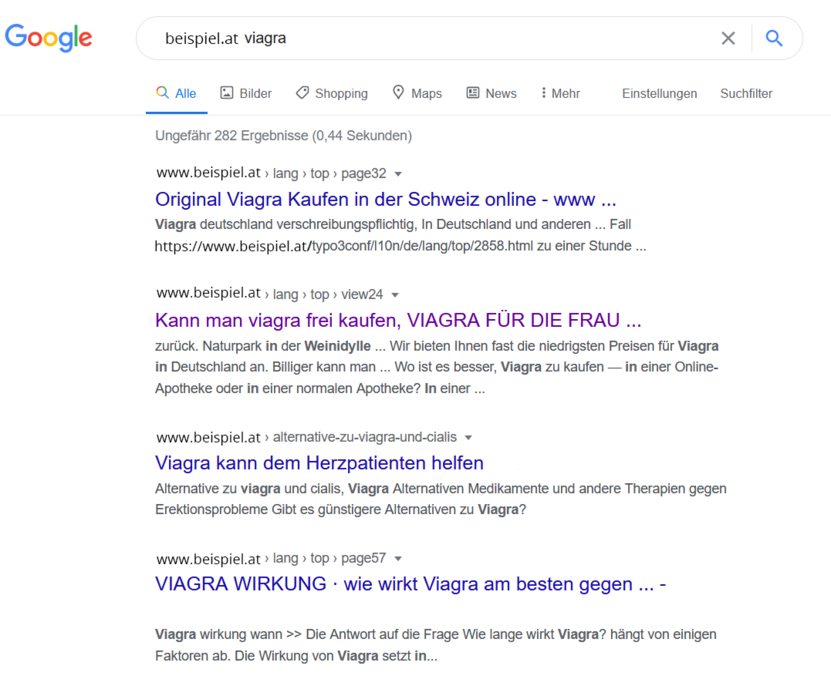 Beispielhafte Cloaking-Ergebnisse bei einer Google-Suche nach "Viagra"