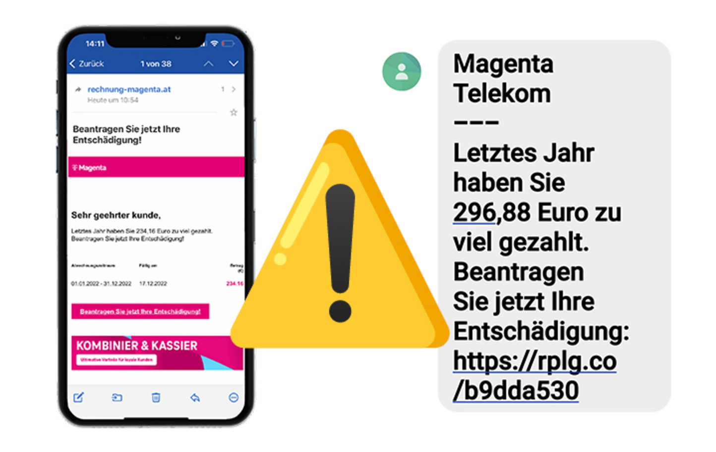 Screenshot: betrügerisches Mail und SMS von Magenta über eine Entschädigung von knapp 300 Euro 