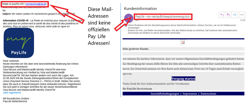 Screenshots von zwei verschiedenen Phishing-Mails.