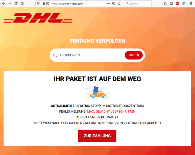Eine gefälschte DHL-Website. Angeblich wurde Ihr Paket aufgehalten