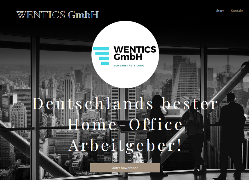 Die Website der Wentics GmbH mit betrügerischem Job-Angebot