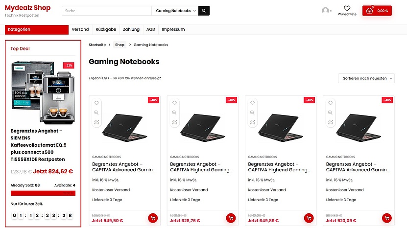 Screenshot, der begrenzte Angebote von Gaming-Laptops zeigt - diese sind um mehrere hundert Euro billiger.  