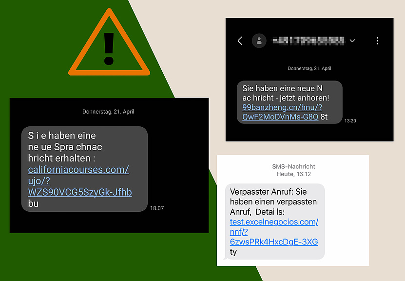 Screenshots von drei betrügerischen SMS. 
