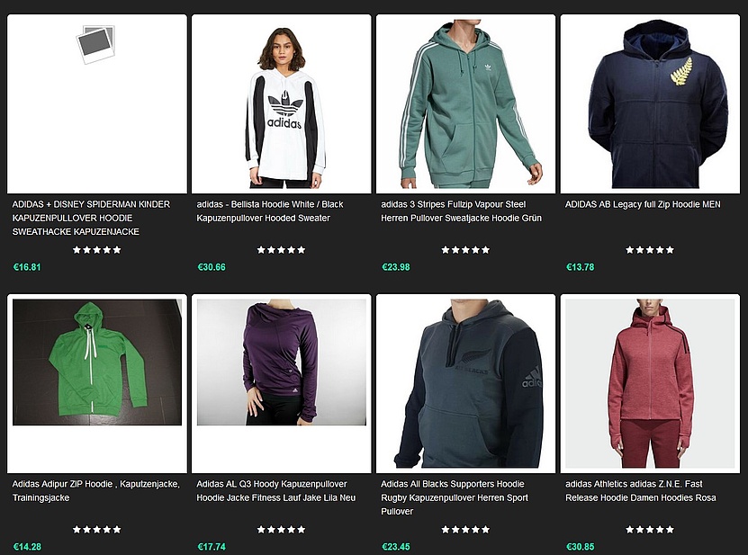 Screenshot von Adidas-Hoodies, die bereits ab 14 Euro angeboten werden.